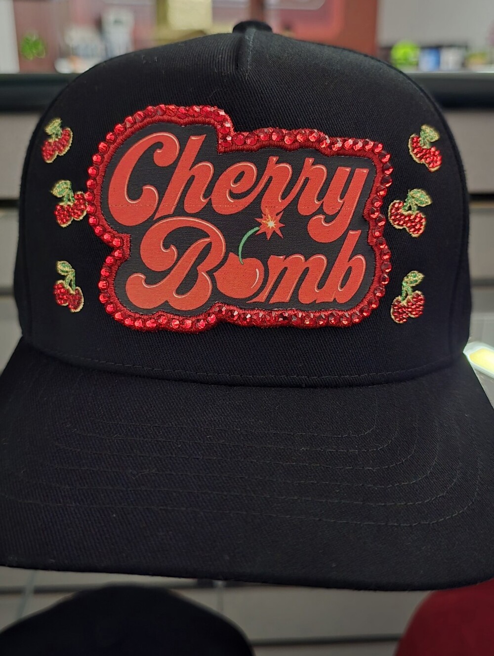 black Baseball hat rhinestone embellished "Cherry Bomb" patch OS New
